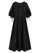 V-Neck Bubble Sleeve Linen Dress