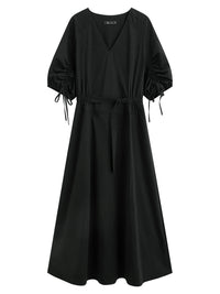 V-Neck Bubble Sleeve Linen Dress