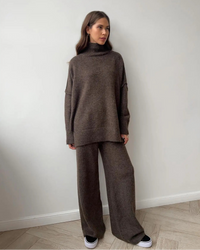 Turtleneck Slit Knit Top & Ankle Trouser Set