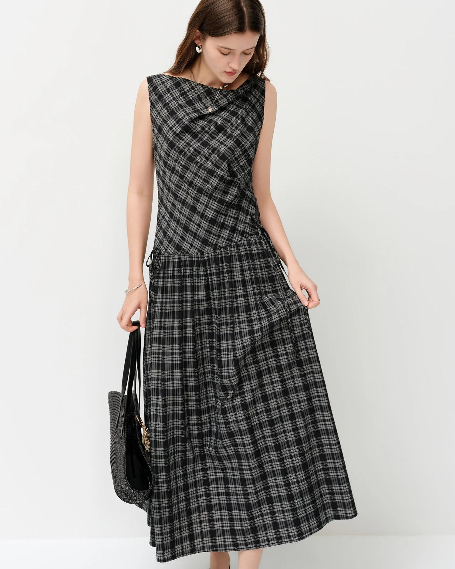 Asymmetric Neckline Woven Cotton Midi Dress