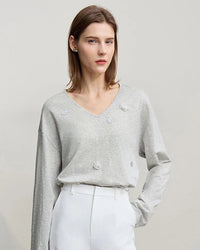Long-Sleeved V-Neck Loose-Fitting Pullover T-Shirt