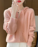 Wool Solid Hooded Zip-Up Open Cardigan Sweater