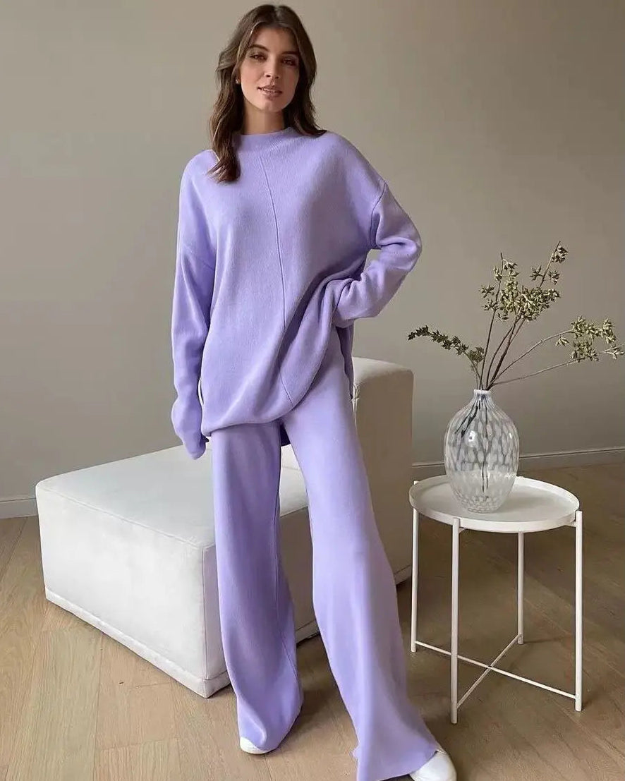 Loose Knit Sweatshirt & Wide-Leg Pants Two-Piece Set