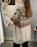 Ethnic Jacquard Mock Neck Loose Thick Knit Pullover
