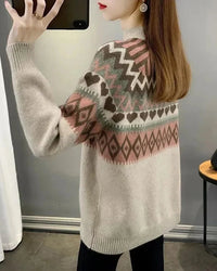Ethnic Jacquard Mock Neck Loose Thick Knit Pullover