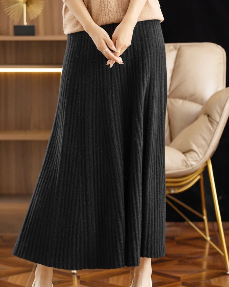 Elegant Pleated Wool A-Line Long Skirt