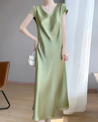 Satin V-Neck Midi Slip Dress