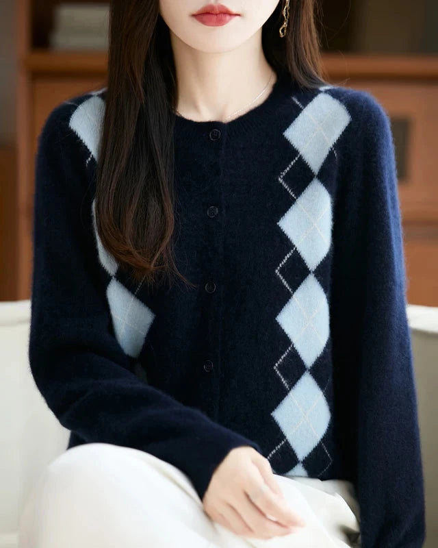 Diamond Jacquard Wool Cardigan