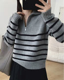 Striped Cashmere Half-Zip Sweater