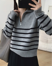 Striped Cashmere Half-Zip Sweater
