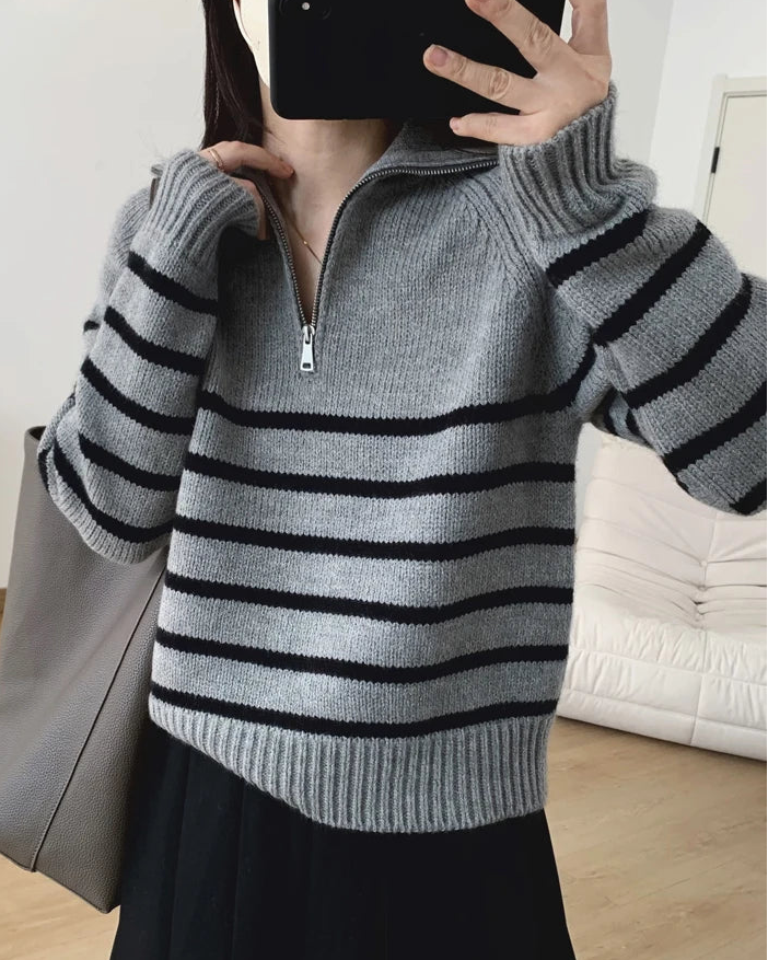 Striped Cashmere Half-Zip Sweater