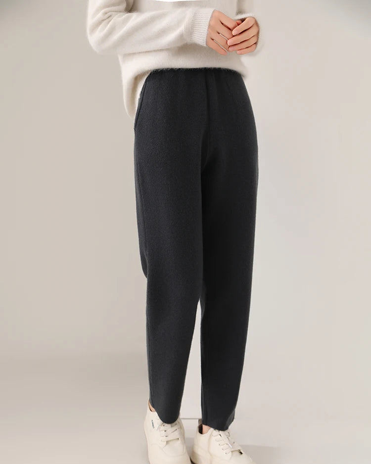 Merino Wool Solid High Waist Knit Pencil Trousers