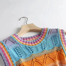 Rainbow Acrylic Knitted O-Neck Hollow Out Vest