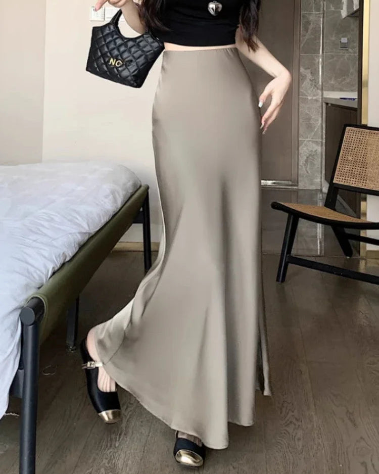 Satin High-Waist Midi Skirt