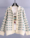Women's Floral vintage knitted cardigan featuring an O-neck design, loose fit silhouette, and all-over floral pattern, perfect for adding effortless vintage charm to office or casual air-conditioned environments.