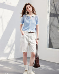 Sheer Slub Knit Polo Top