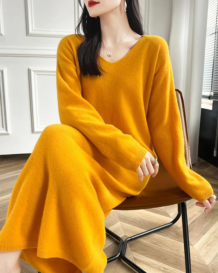 Wool V-Neck Long Sweater Dress