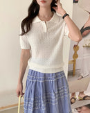 Women's polo collar button-down knit top crafted from breathable cotton with a refined trim and double-stitched seams for durable, polished comfort in spring and summer.