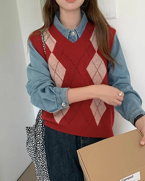 Plaid Wool V Neck Sweater Vest