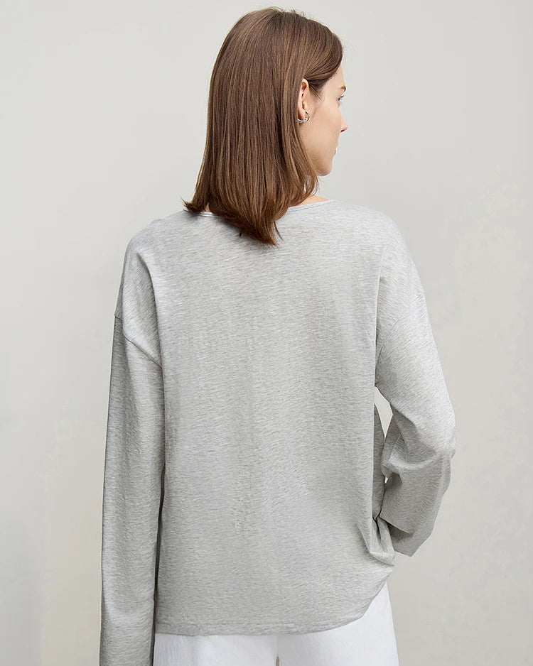 Long-Sleeved V-Neck Loose-Fitting Pullover T-Shirt