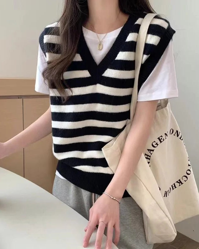 Vintage Striped V-Neck Pure Wool Knitted Waistcoat
