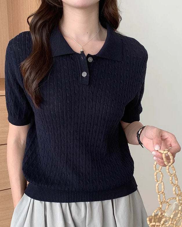 Polo Collar Button-Down Knit Top