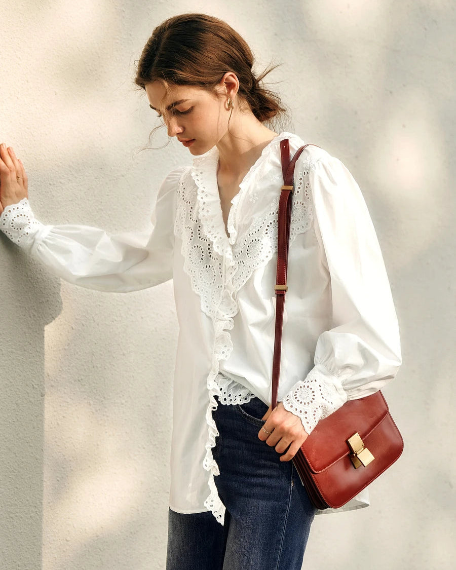 Ruffled Embroidered Hollow-Out Long-Sleeved Shirt