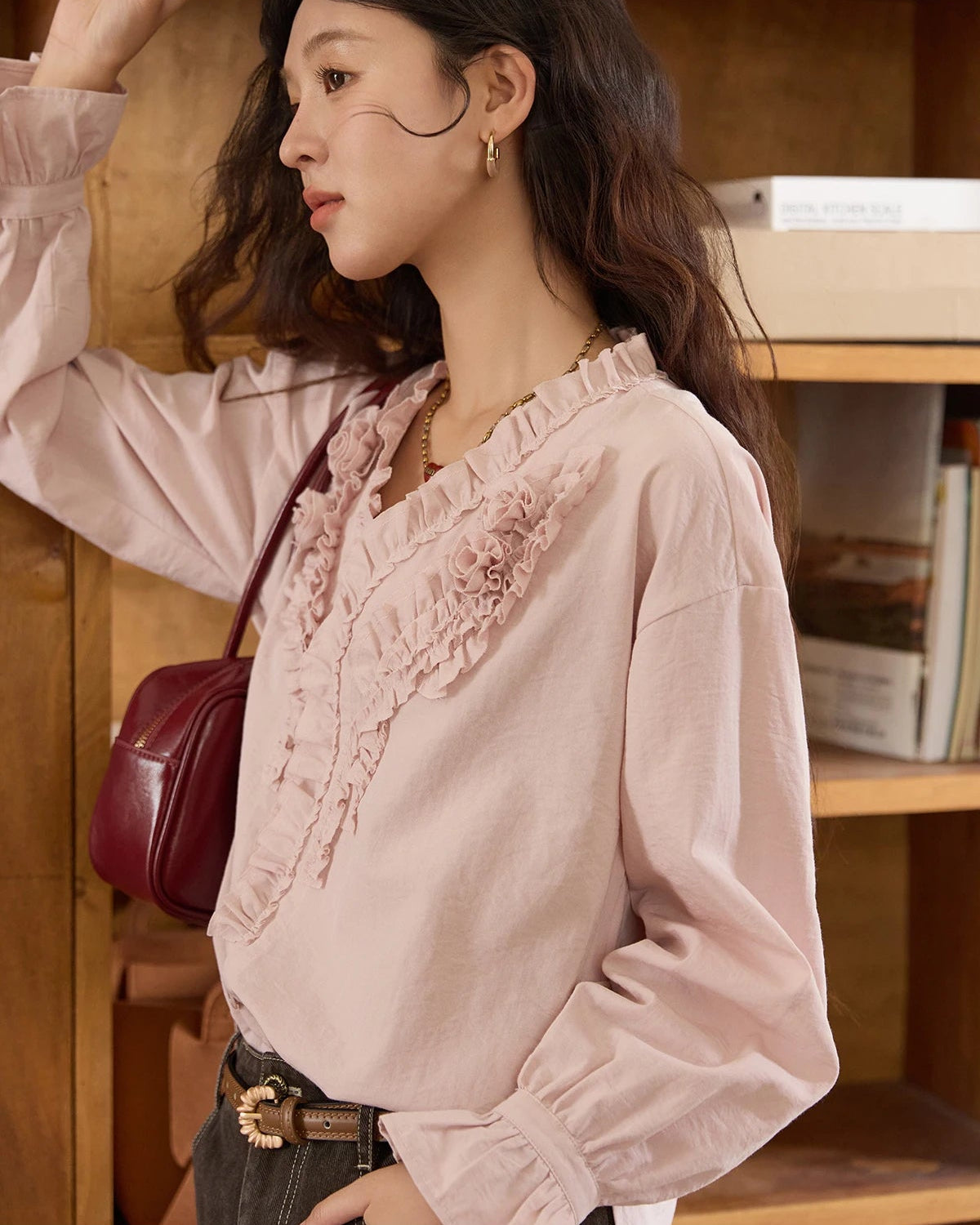 Hand-Sewn Rose Lantern-Sleeve Shirt