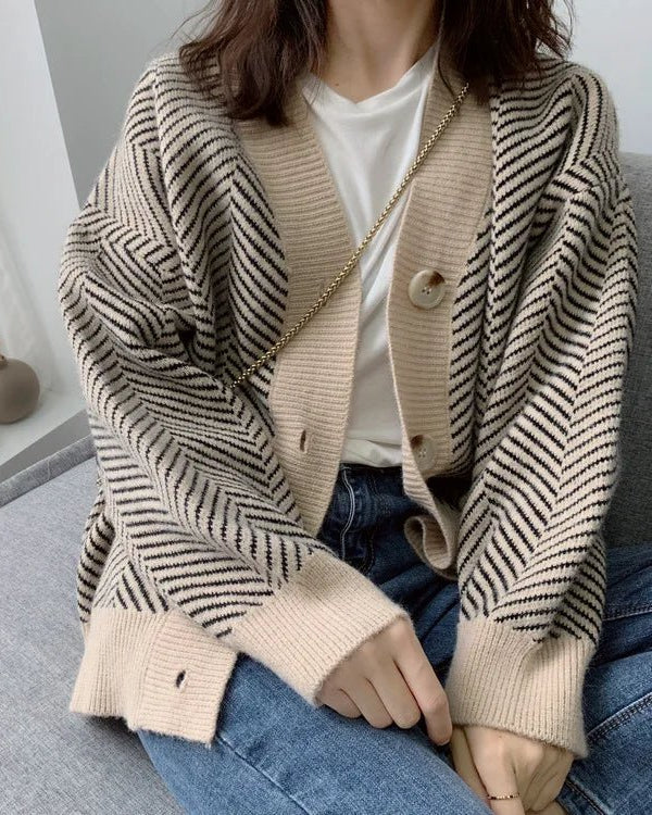 Oversized V-Neck Striped Cardigan