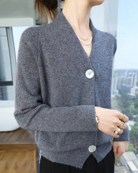30% cashmere 70% merino wool solid V-neck button knit cardigan. Soft, slight stretch, and regular fit — an elegant office-style autumn winter knitwear top for women.