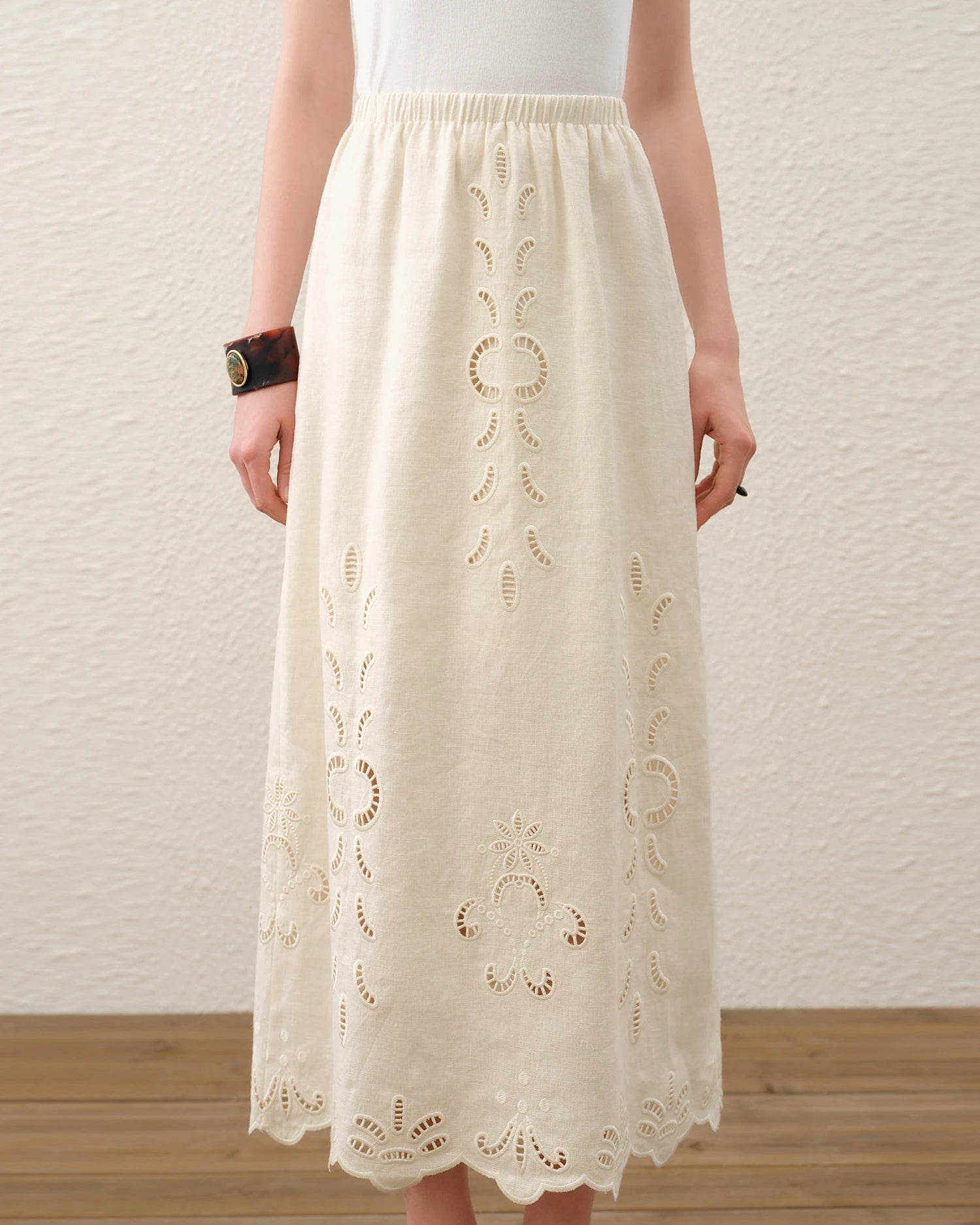 Linen Embroidered A-Line Midi Skirt