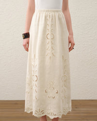 Linen Embroidered A-Line Midi Skirt