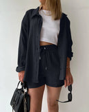 Stand Collar Long Sleeve Top & High Waist Shorts Set