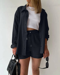 Stand Collar Long Sleeve Top & High Waist Shorts Set
