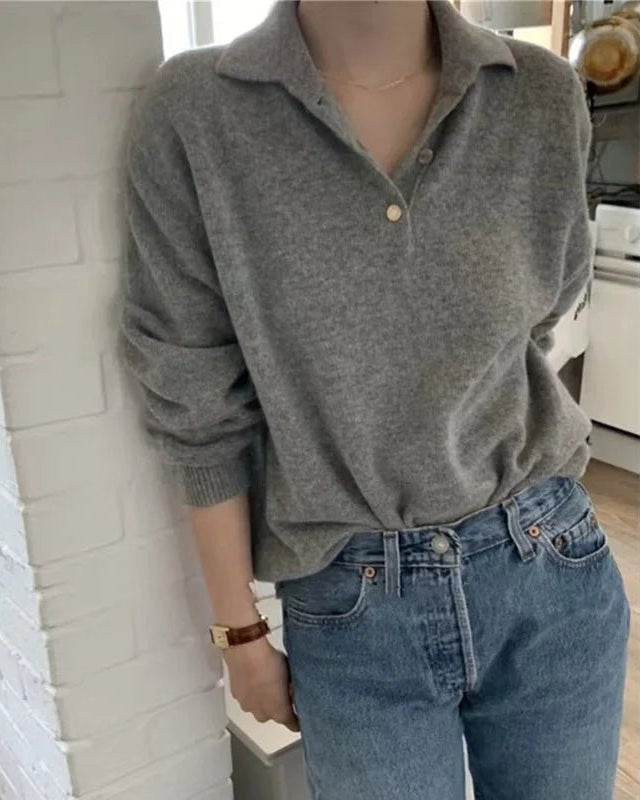Polo Collar Gray Wool Sweater