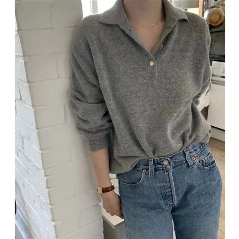 Polo Collar Gray Wool Sweater