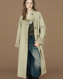 Contrast-Cuff Stand-Collar Long Trench Coat