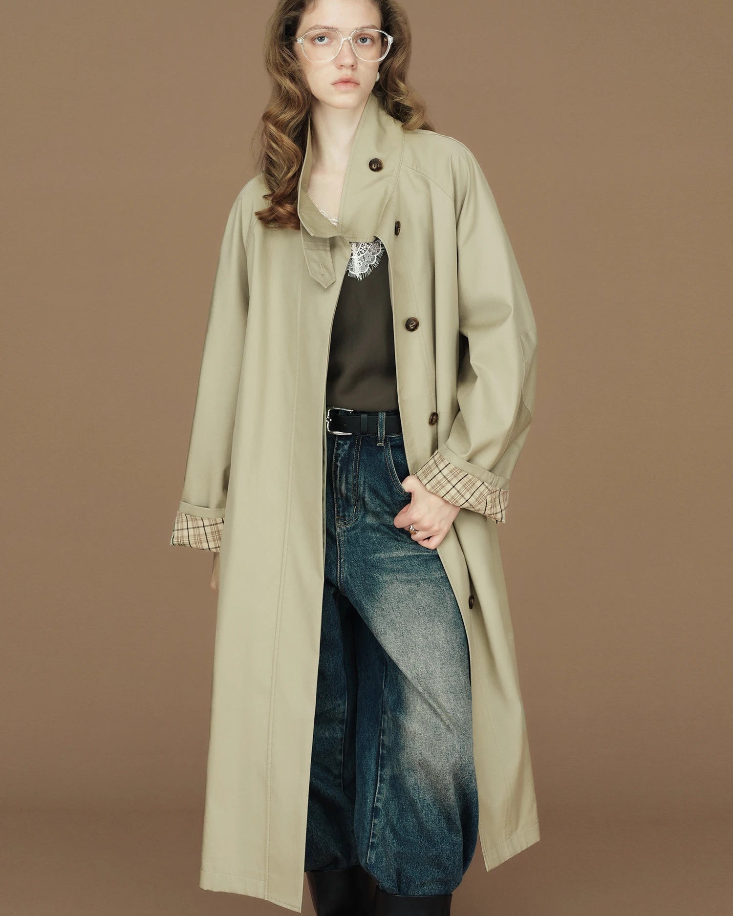 Contrast-Cuff Stand-Collar Long Trench Coat