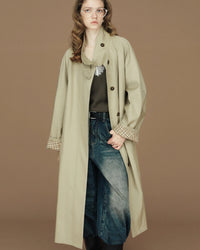 Contrast-Cuff Stand-Collar Long Trench Coat