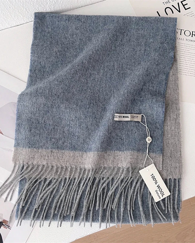 Two-tone wool scarf with contrasting shades, gently brushed surface and fringe ends, a long rectangular 100% wool fall-winter scarf for wrapping at the neck or draping over coats.