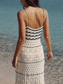 Striped Knit Cut Out Long Halter Beach Dress Swimsuit Cover Up