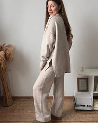 Turtleneck Slit Knit Top & Ankle Trouser Set