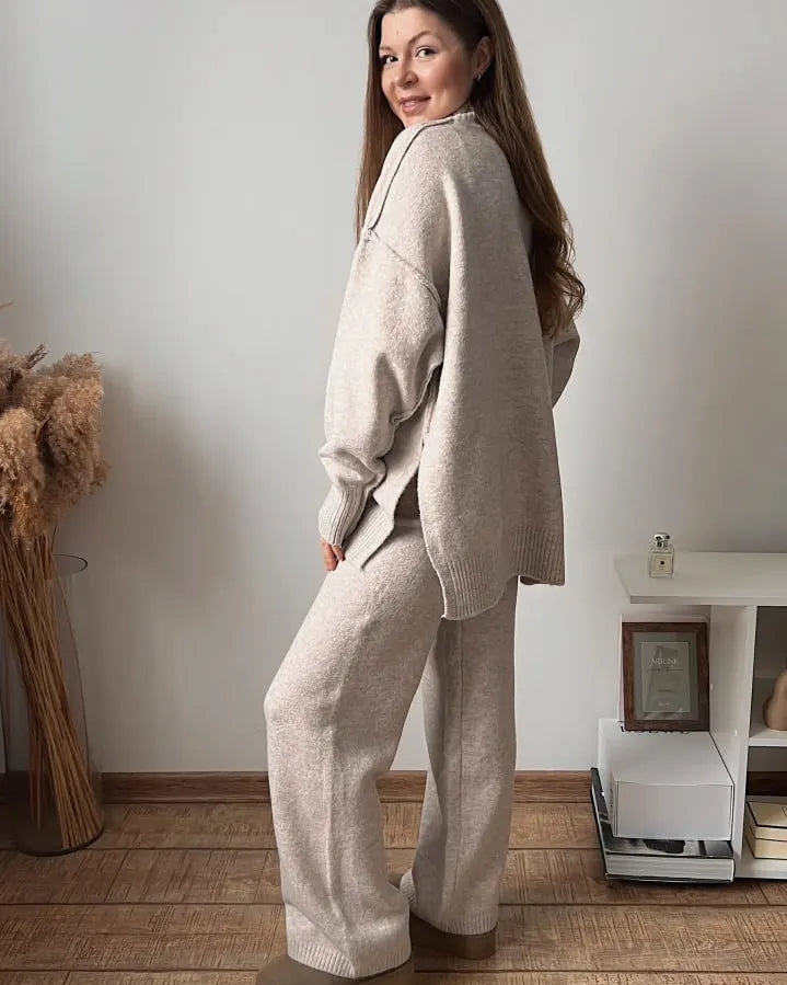Turtleneck Slit Knit Top & Ankle Trouser Set