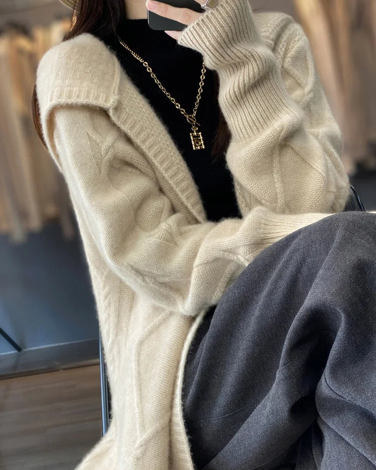 Long Wool Twisted Knit Cardigan Sweater