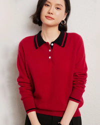Cashmere Wool Blend Contrast Colour Polo Collar Pullover Sweater
