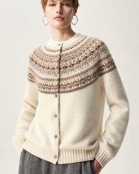A fair isle merino wool cardigan with crew neck, button front and Fair Isle pattern, designed for a cozy winter layering look that pairs from sneakers to boots.