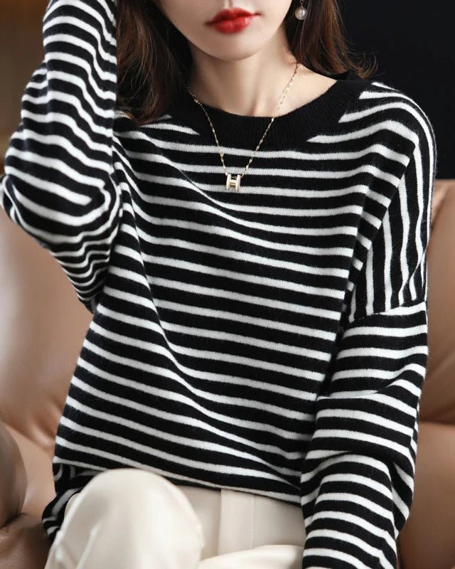 Oversized Round-Neck Striped Wool Sweater Pullover