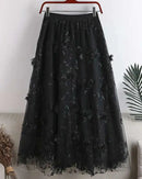 Floral Embroidered Mesh Midi Skirt