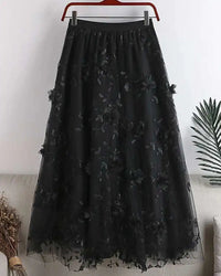 Floral Embroidered Mesh Midi Skirt
