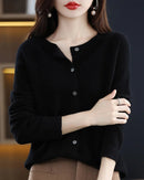 Wool O-Neck Seamless Single-Breasted Open Cardigan Sweater